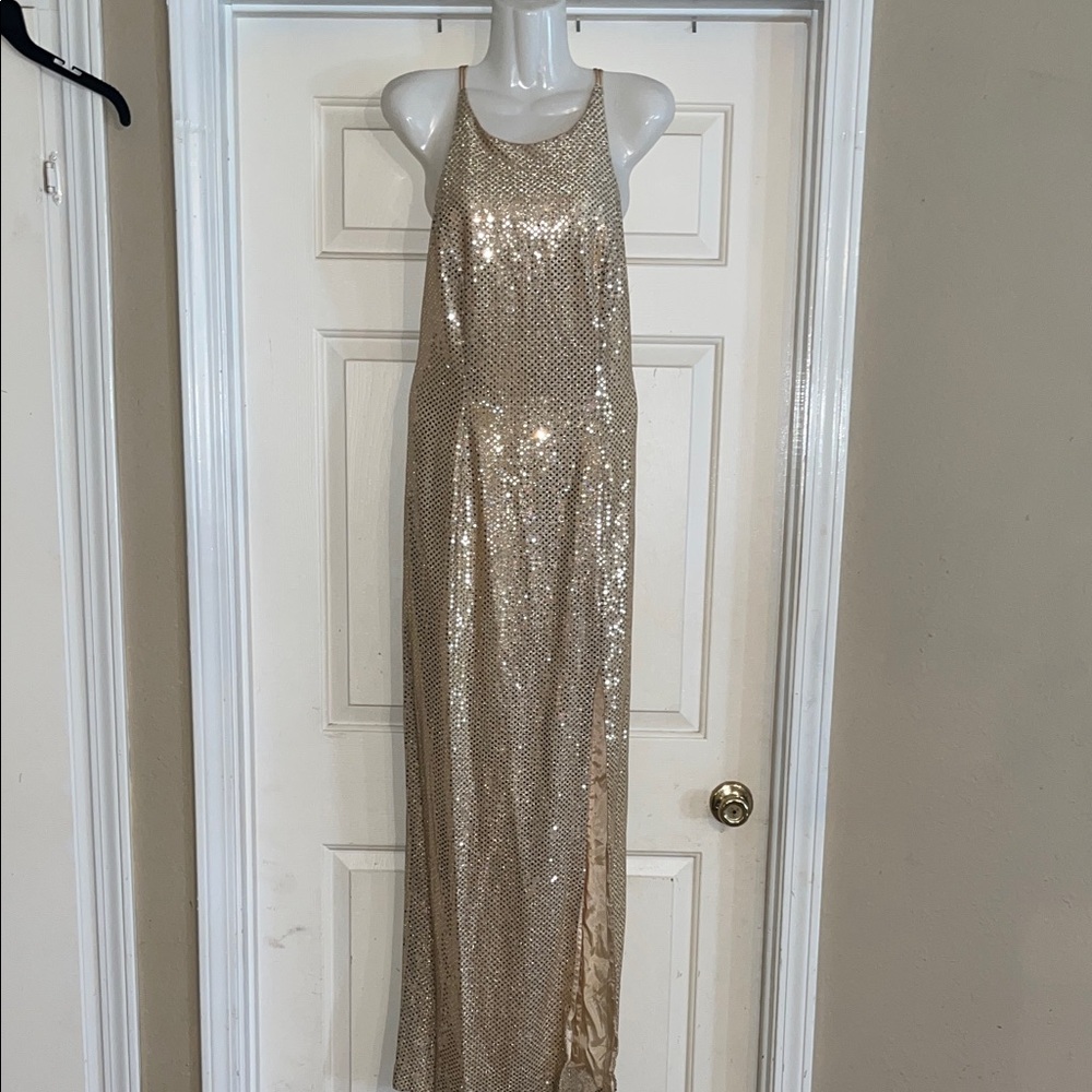 Sleeveless Gold Sequin Column Prom Gown